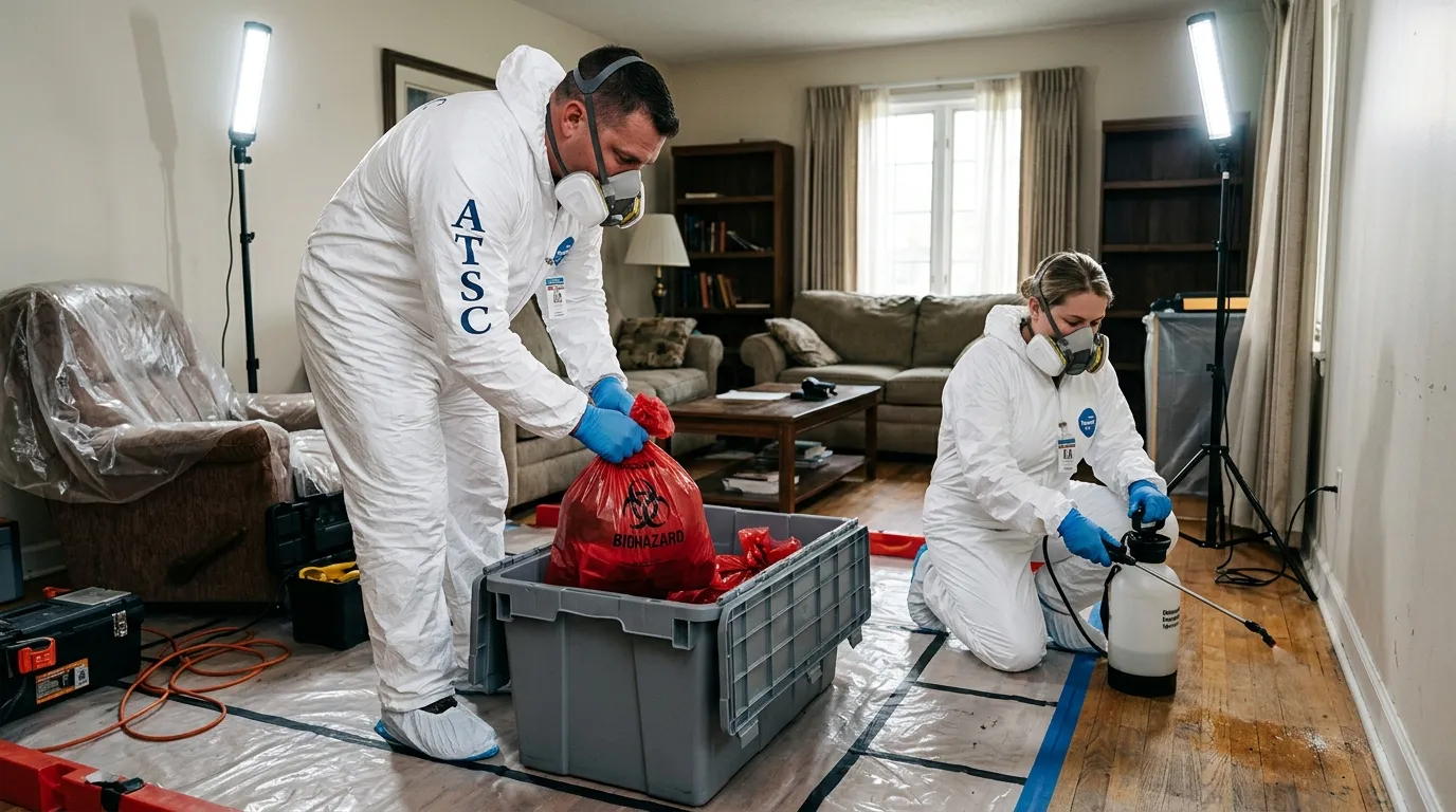 Professional Hoarding Cleanup technician in full PPE working in Islamorada